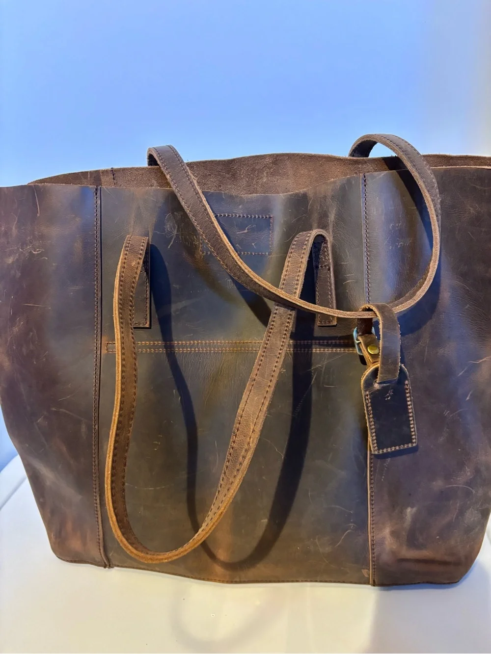 Brown Leather Tote Bag with Knot-Detail Shoulder Straps